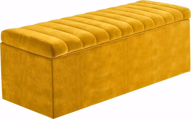 R&M Furnishers Mustard Gold Striped Plush Velvet Upholstered Blanket Chest