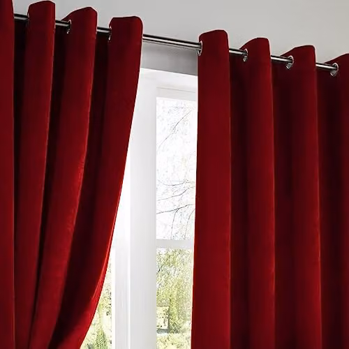 Luxury Living Red Velvet Thermal Blackout Eyelet Curtains Pair, Width: 168 cm, Drop: 137 cm