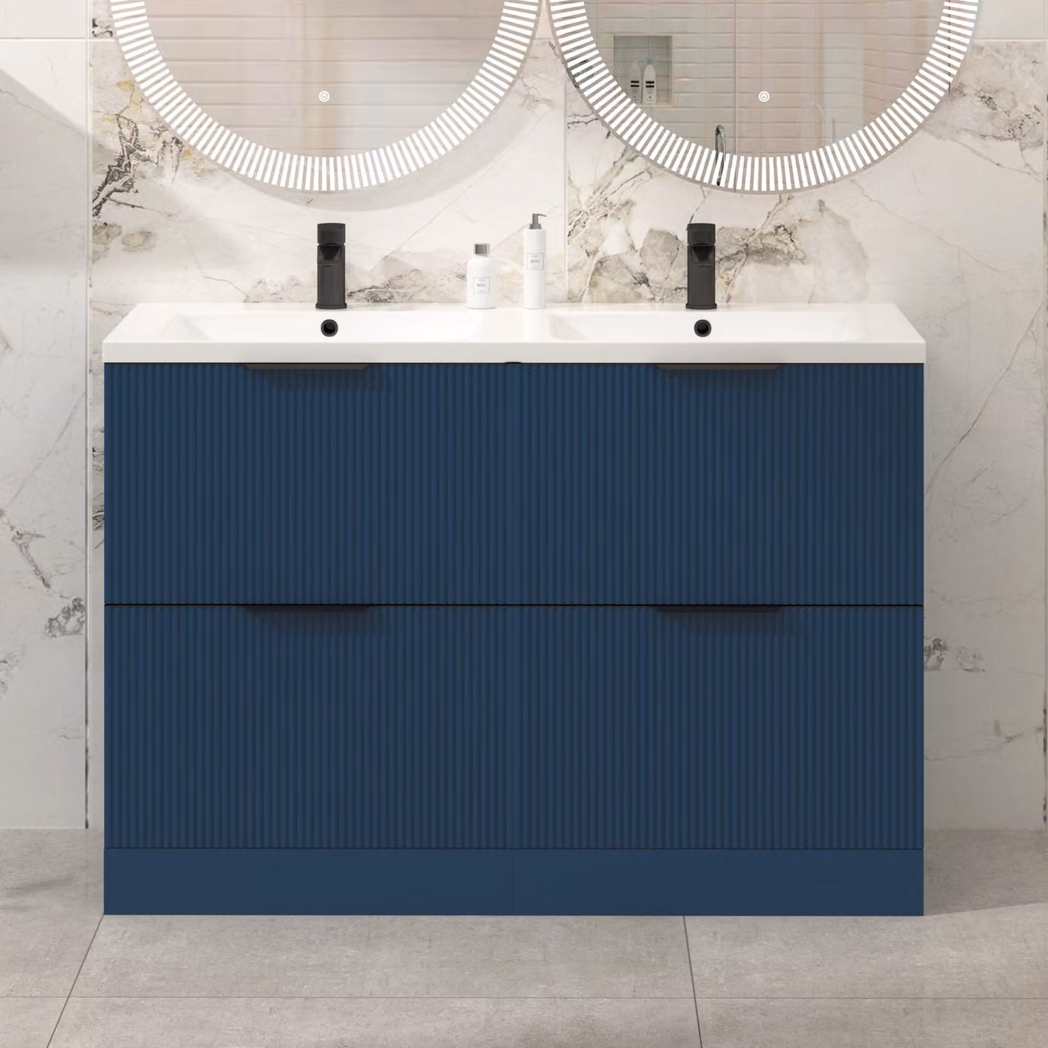 Royal Bathrooms Evora 1200mm Midnight Blue Fluted Floor Standing 4 Drawer Vanity Unit with Ceramic Basin and Matt Black Handles
