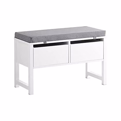 SoBuy FSR88-W Modern Shoe Bench with Seat Cushion and 2 Drawers, White and Grey