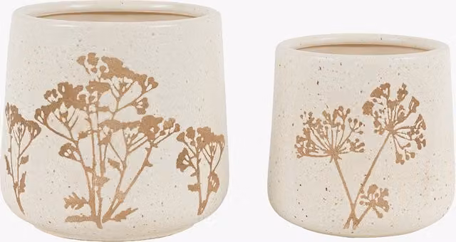 Perch & Parrow Set of 2 Beige Ceramic Floral Etched Tabletop Planters
