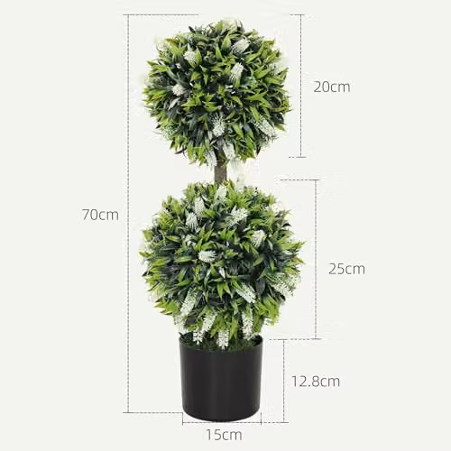 HOMCOM Set of 2 Artificial Round Ball Trees with White and Green Floral Accents in Concrete and Plastic Pots, Height: 70 cm – 5