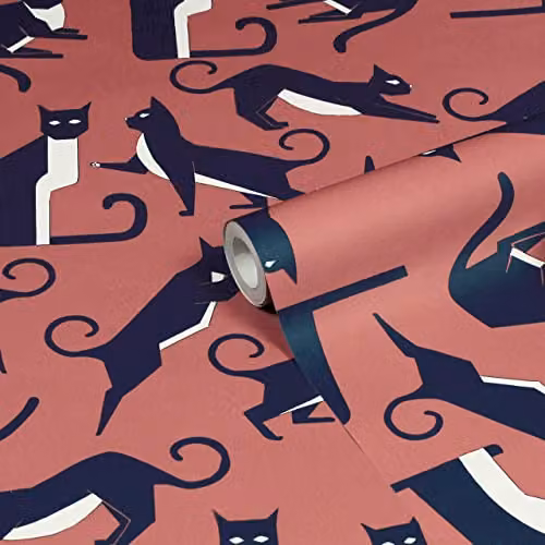 Riva Home Geo Cat Printed Geometric Animal Wallpaper in Pink, Black and White