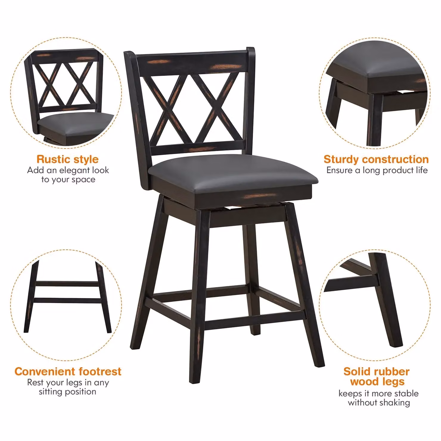 Costway Set of 2 Black Swivel Bar Stools with Upholstered Synthetic Leather Seats – 5