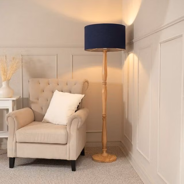 ValueLights Victoria Traditional Wood Stem Floor Lamp with Navy Fabric Drum Shade, H 157 cm x W 45 cm