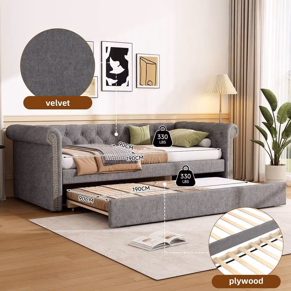 Rolipo Grey Velvet Upholstered Single Daybed Sofa Bed W/D/H: 190 x 90 x 0 cm – 3