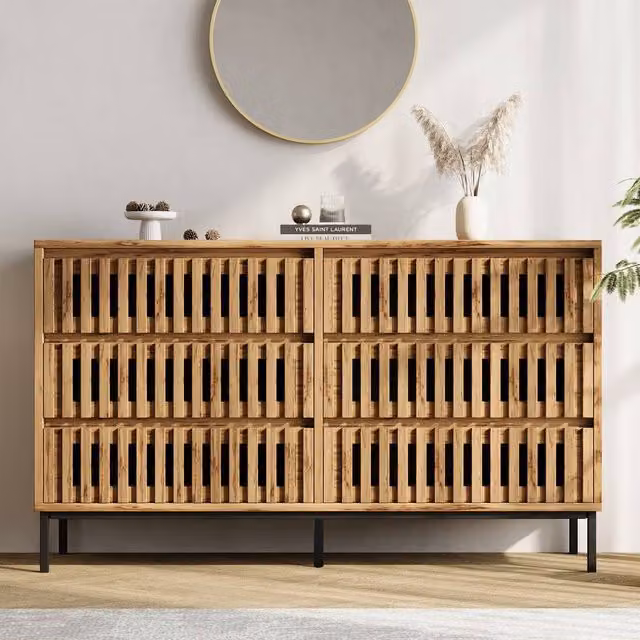 BTM Sideboard Storage Cabinet with Six Drawers in Natural Wood Effect, W/D/H: 120 x 40 x 81 cm – 1