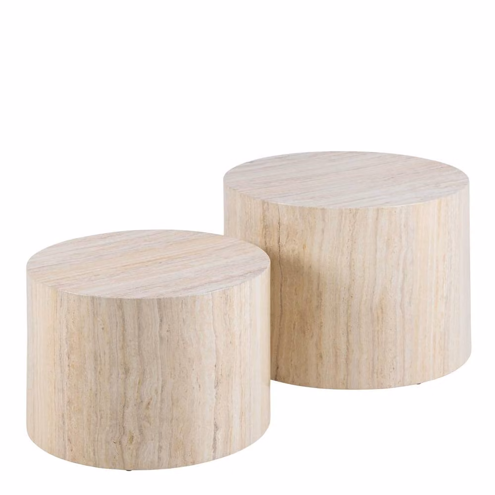 Wyld Haus Munkebo Set of 2 Round Travertine Effect Coffee Tables in Natural Sand and Beige – 2