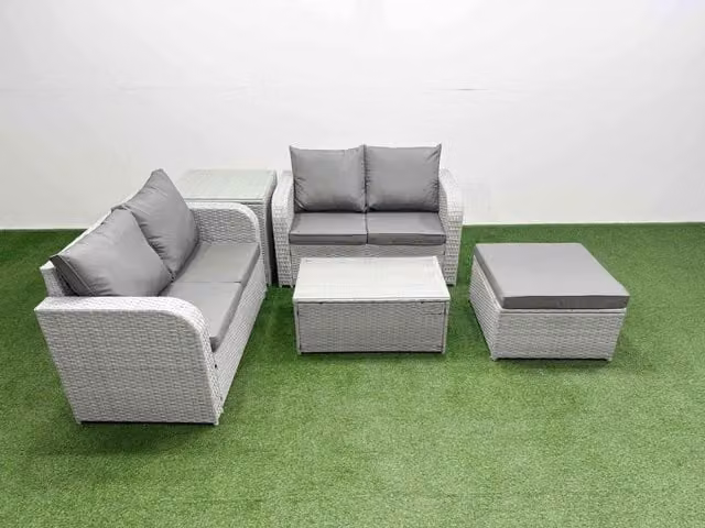 Fimous 5 Seater Rattan Garden Furniture Set in Light Grey with L-Shape Sofa, Coffee Table and Ottoman