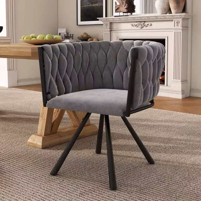 Rolipo Grey Velvet 360° Swivel Dining Chair with Metal Legs – 1