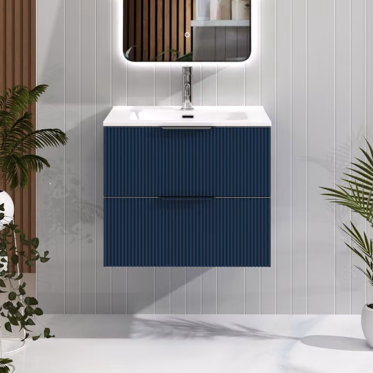 Royal Bathrooms Evora Midnight Blue Fluted Wall Hung Vanity Unit with 2 Drawers and Ceramic Basin W: 70 cm