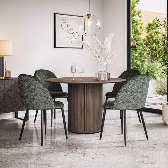 More4Homes Arlo Walnut Round Dining Table and 4 Green Raye Velvet Dining Chairs Set – 1