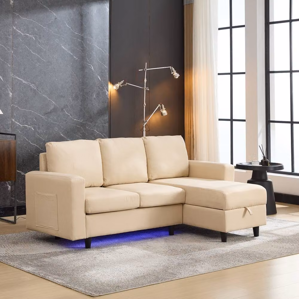 Merax Reversible L-Shape Corner Sofa in Beige with LED Lighting and USB Charging – 3