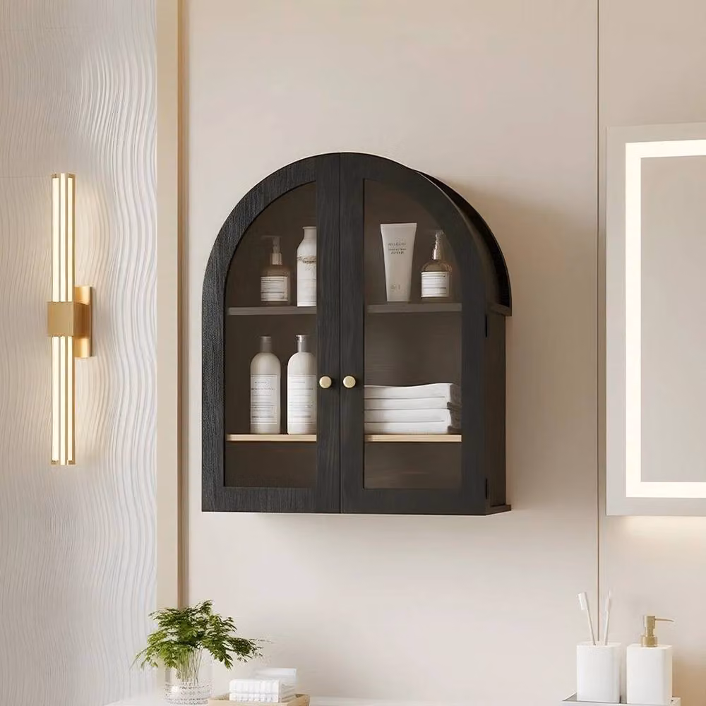 EONLION Modern Arched Wall Mounted Storage Cupboard with Glass Doors in Black and Gold, Width: 100 cm – 3
