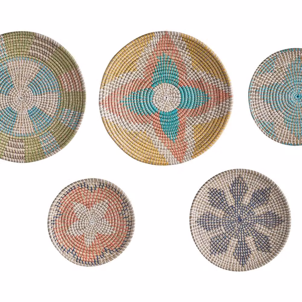 Wyld and Coco Set of 5 Handwoven Multicolour Rattan Geometric Wall Plates