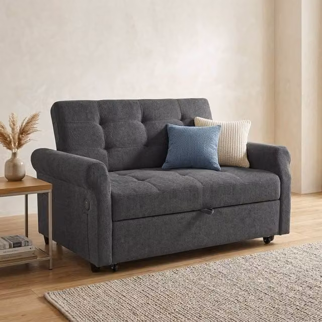 STILVORA 2 Seater Grey Fabric Sofa Bed with USB Charging and Pull Out Frame – 1