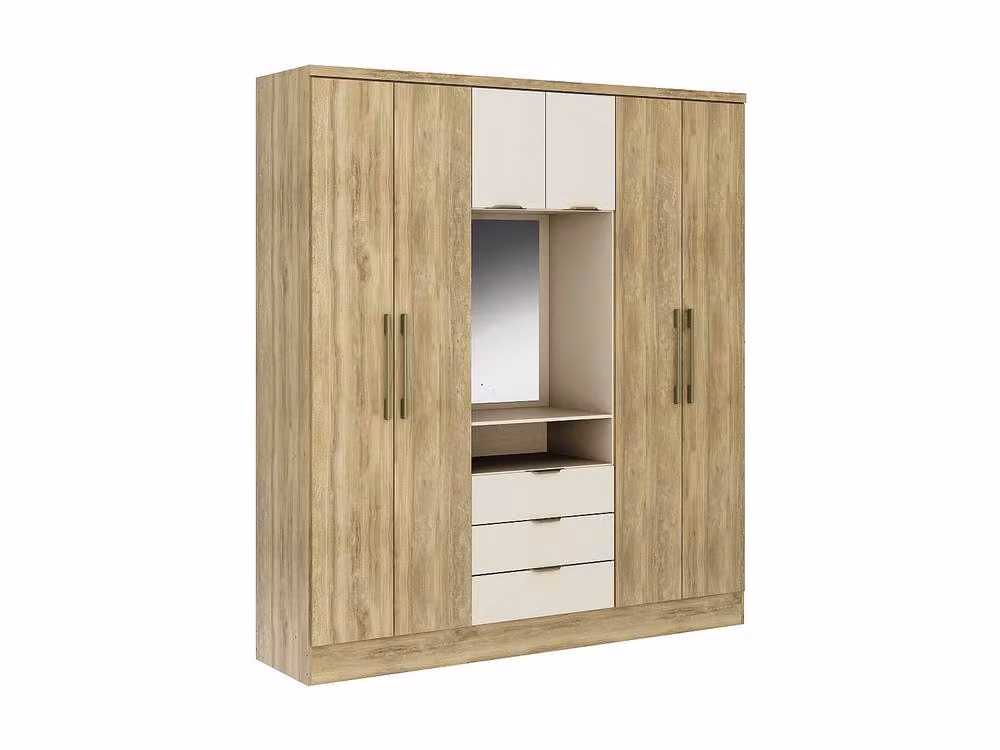Vente-unique Modern Wardrobe with 6 Doors, 3 Drawers and Mirror in Beige, W: 180 cm, H: 206 cm, D: 46.5 cm – 2