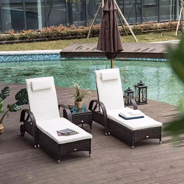 Outsunny 3 Piece Brown Polyrattan Sun Lounger Recliner Set with Side Table and Weatherproof Cushions – 1
