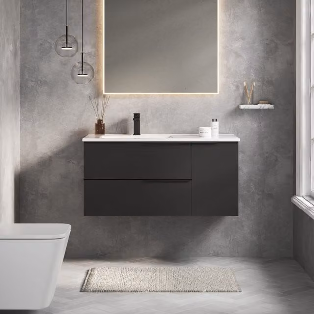 Banyetti Celtic Duo Wall Hung Vanity Unit with Door and Basin, Matt Black, W: 100 cm, D: 45 cm, H: 48 cm