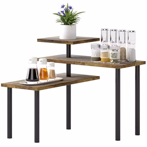 HOMCOM 3-Tier Adjustable Kitchen Countertop Organizer in Brown and Black – 1
