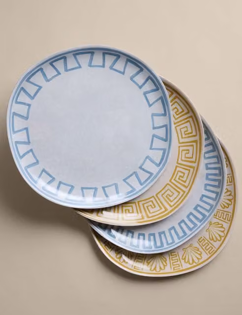 M&S Set of 4 Multicolour Geometric Coastal Picnic Dinner Plates in Melamine
