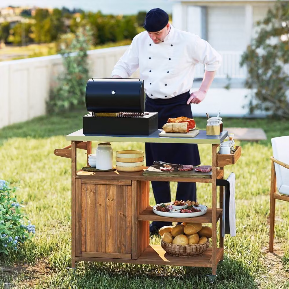 Gymax Brown Wooden Grill Cart with Stainless Steel Top and Casters, W/D/H: 118 x 47 x 92 cm – 4