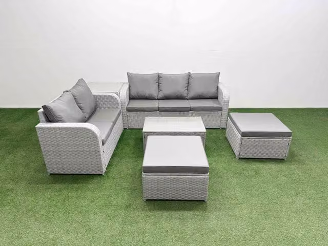 Fimous 7 Seater Grey PE Rattan Wicker Garden Furniture Set with Rectangular Coffee Table, 3 Seater Sofa, Love Seat and 2 Footstools