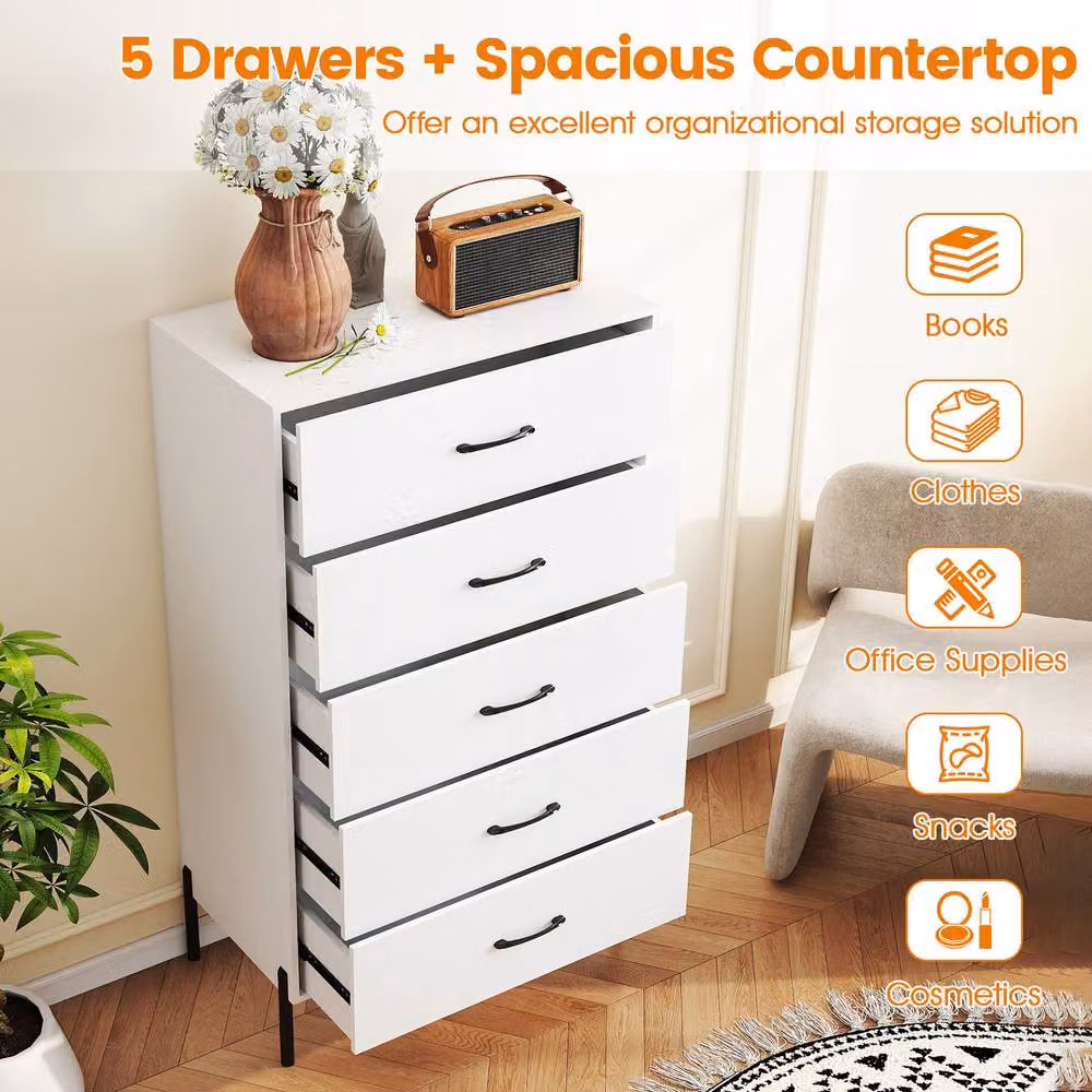 Gymax Modern Tall 5-Drawer Chest of Drawers in White – 2