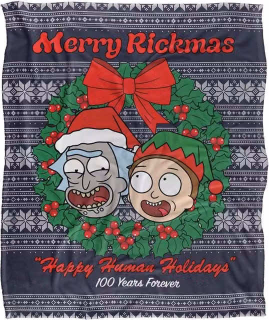 Warner Brothers Rick & Morty Merry Rickmas Ugly Christmas Sweater Throw Blanket, White/Multicolour, W: 152 cm, D: 127 cm – 1