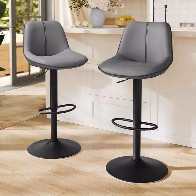 The Bazaarist Set of 2 Swivel Bar Stools in Slate Grey Quilted PU Leather