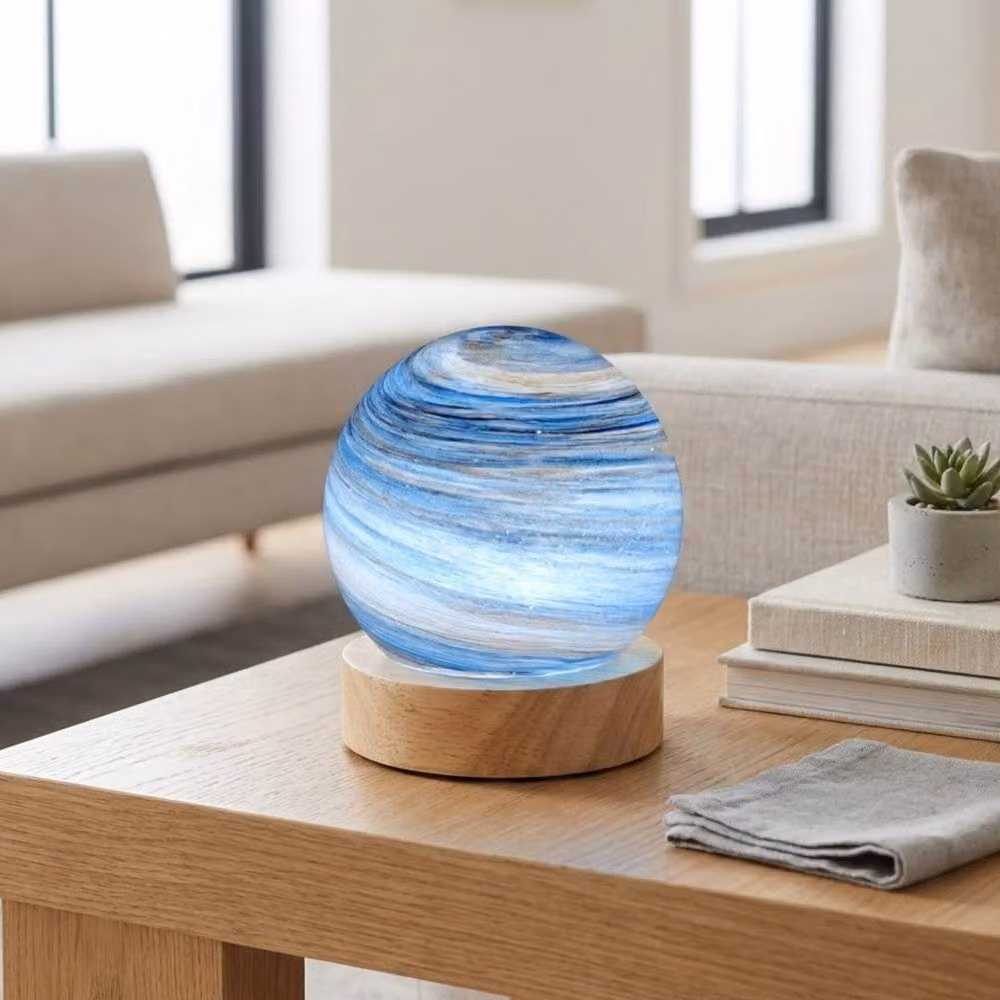 Garden Greatness Aurora Blue Planetary Radiant Light, Blue Glass Sphere Tabletop Globe with Wood Base, W/D/H: 15 x 15 x 10 cm – 2