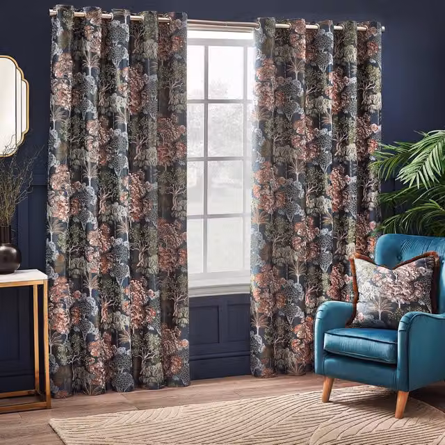 Terrys Blue Floral Jacquard Opaque Eyelet Curtains