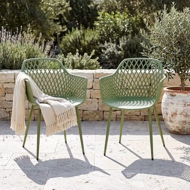 Pair of Modern Geometric Lattice Back Garden Bistro Armchairs in Matt Green and White