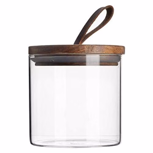 Argon Tableware Scandi Airtight Glass Storage Jar with Brown Leather Loop Lid, 550ml – 1