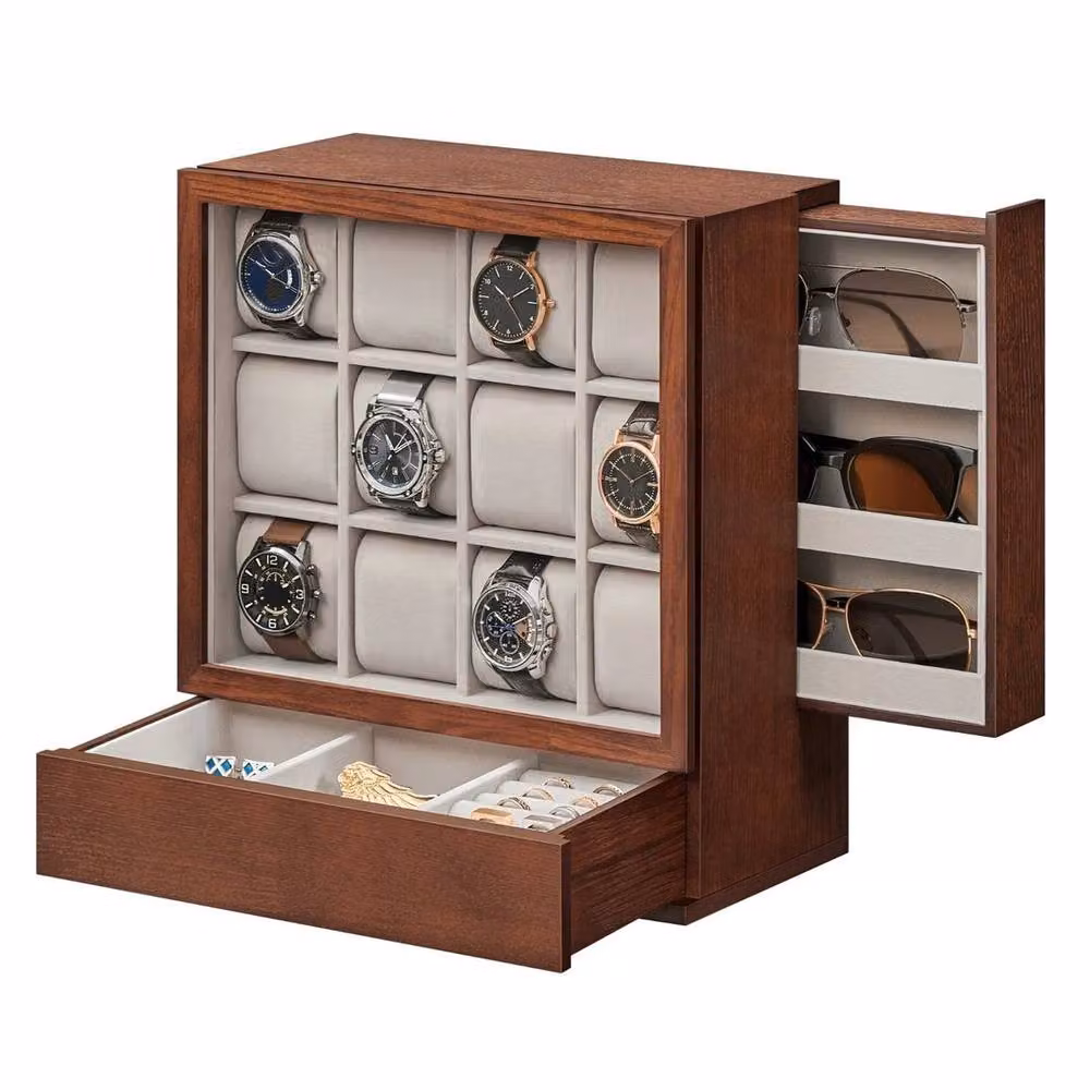 EONLION 12-Slot Solid Wood Watch Box in Brown, W/D/H: 32.5 x 29.5 x 15.0 cm – 3