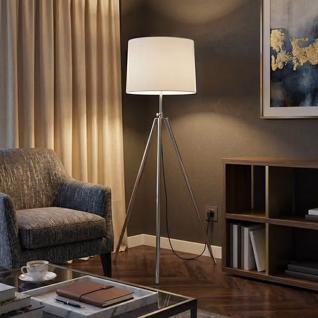 Orsina Scandinavian Tripod Floor Lamp with Adjustable Height and Beige Fabric Shade