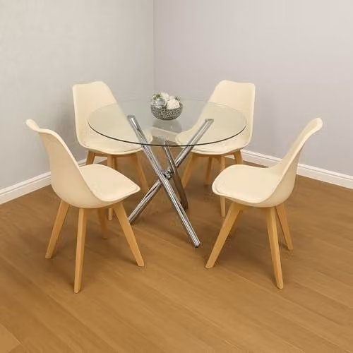 KOSY KOALA Modern Round Clear Glass Dining Table Set with 4 Cream Plastic Chairs