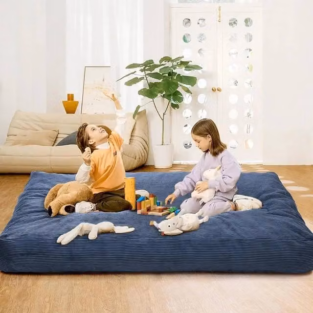 VOGREX 2 in 1 Convertible Bean Bag Chair Bed and Corduroy Floor Sofa in Blue with Shredded Memory Foam and Removable Cover