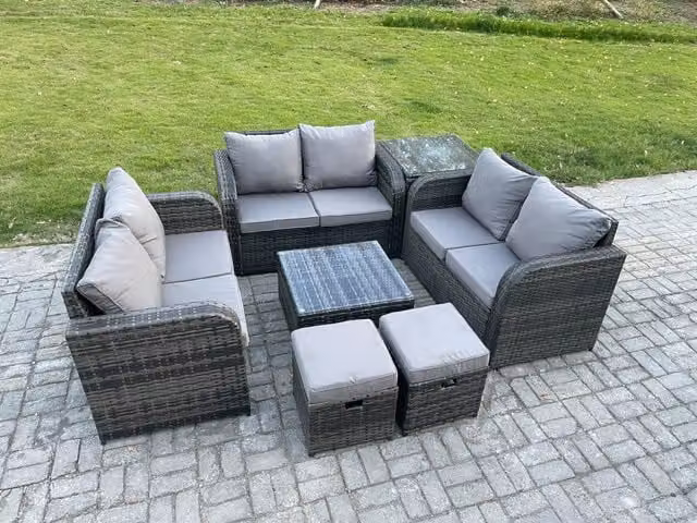 Fimous 8 Seater Grey Wicker Rattan Garden Furniture Set with Square Coffee Table, Love Seat and 2 Footstools