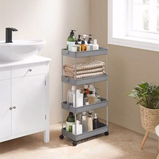 SONGMICS Slim Metal Storage Trolley with 4 Baskets and Wheels, Grey, H 86.0 x W 23.6 x D 23.6 cm