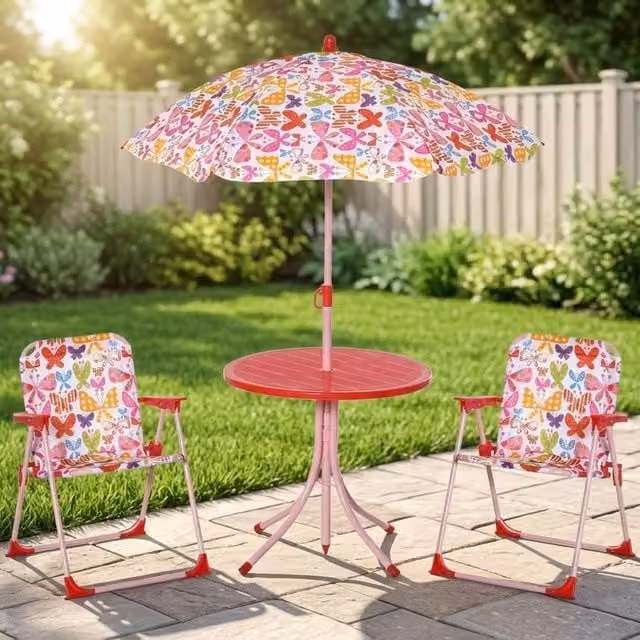 STILVORA Kids Outdoor Table and Chair Set with Parasol in Floral Multicolour