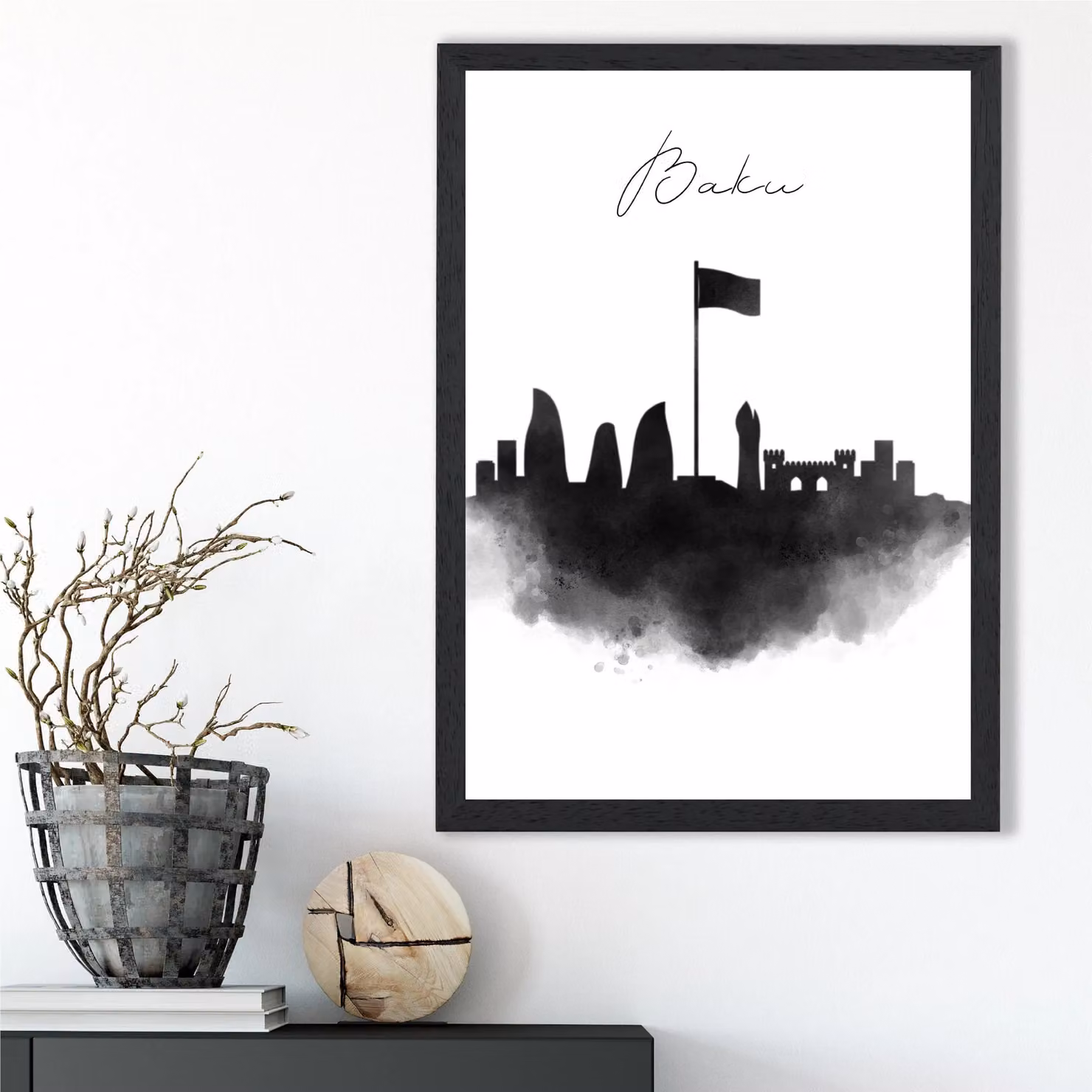 ARTZE Baku Watercolour Skyline City Framed Print in Black – 2
