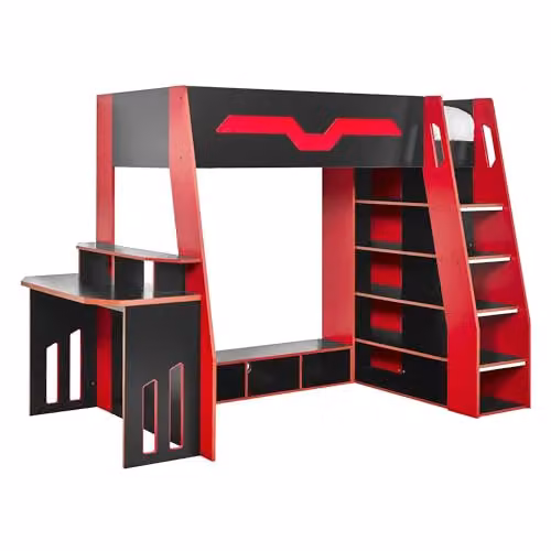 Julian Bowen Eagle Single Black and Red Wooden Gaming Highsleeper Loft Bed with Stairs and Side Compartments W/D/H: 90 x 190 x 172 cm – 9