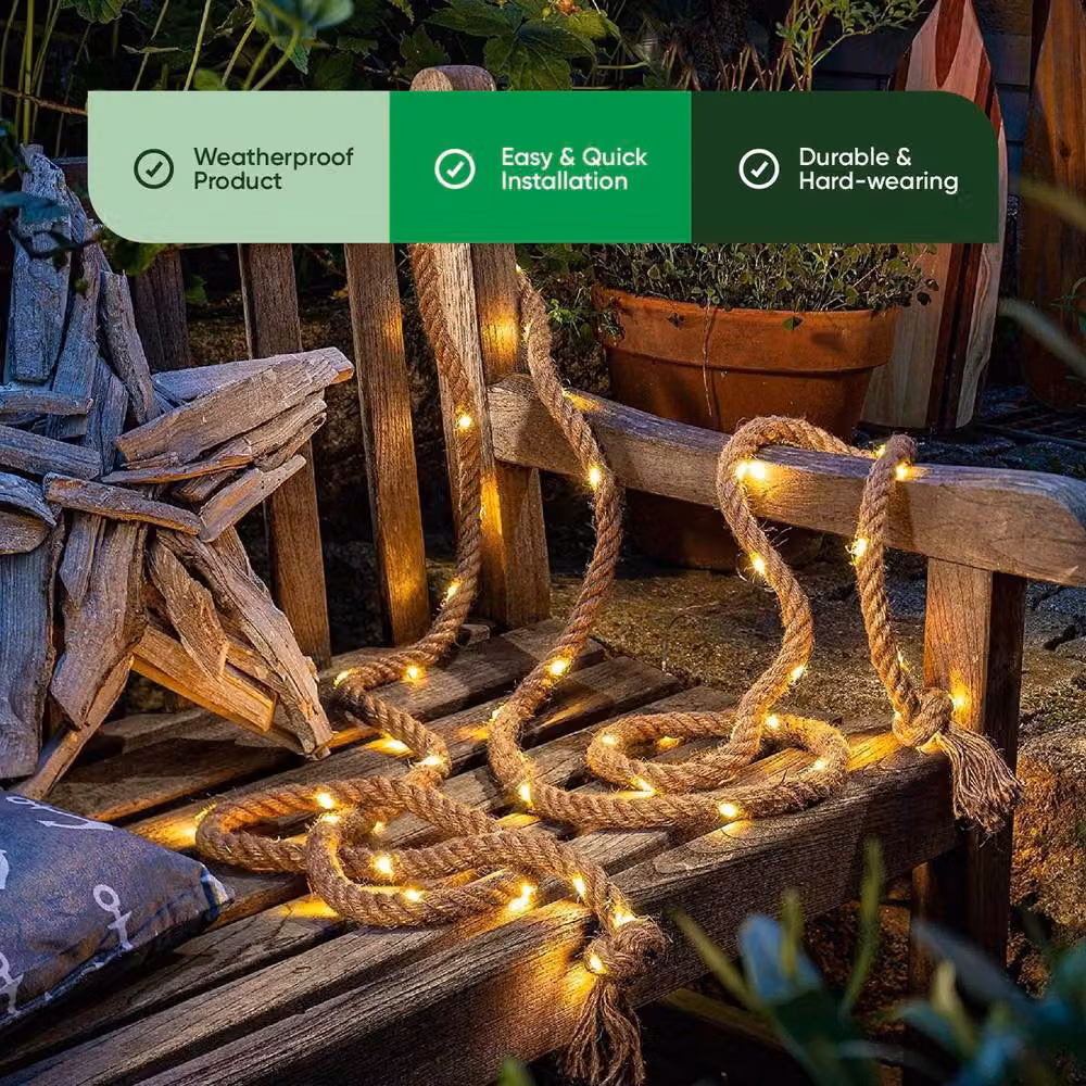 Gardenwize 4m Solar Powered Decorative Hemp Rope String Lights with 45 Warm White LEDs in Beige – 5