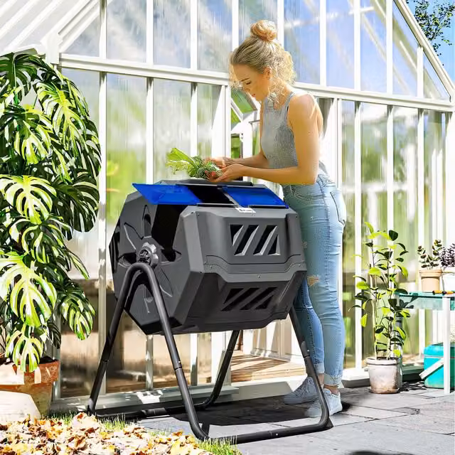 Outsunny Dual Chamber Tumbling Compost Bin, Blue