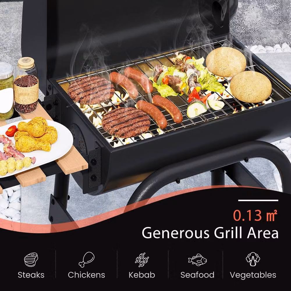 Gymax Portable Charcoal Barrel Grill with Foldable Side Table and Wheels, Black, W/D/H: 110 x 60 x 60 cm – 3