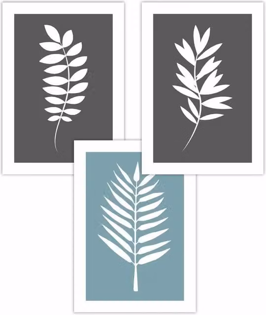 ARTZE Set of 3 Grey, Blue and White Botanical Leaf Graphic Paper Posters, W: 50 cm x H: 70 cm