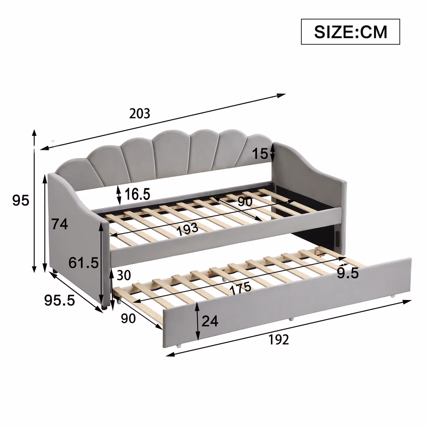 Matteo Grey Velvet Upholstered Single Bed with Trundle, W/D/H: 90 x 190 cm – 3