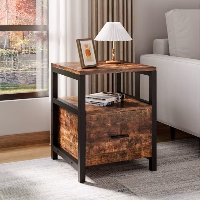 Komore Industrial Bedside Table with One Large Drawer in Brown and Black