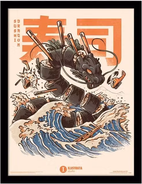 Ilustrata Sushi Dragon Framed Paper Poster in Black and Multicolour